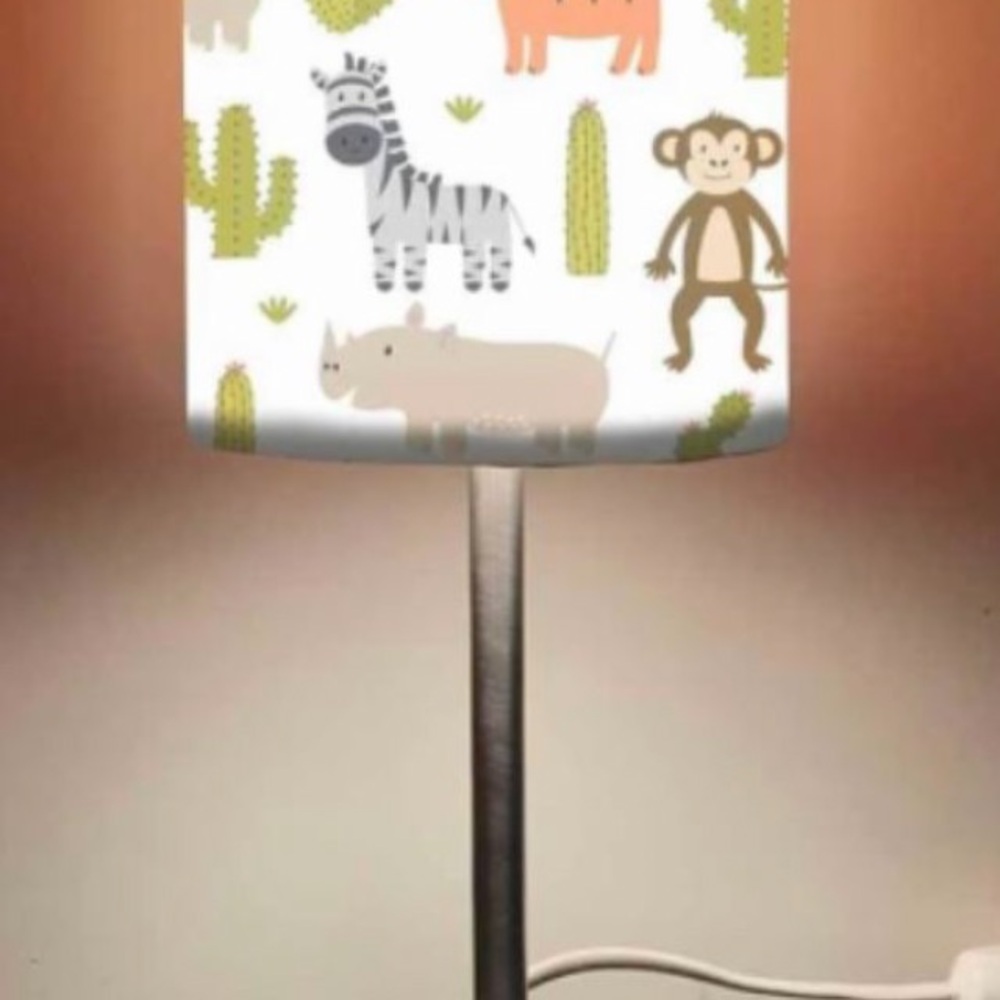 Safari Friends Printed Drum Lamp Shade in White and Green